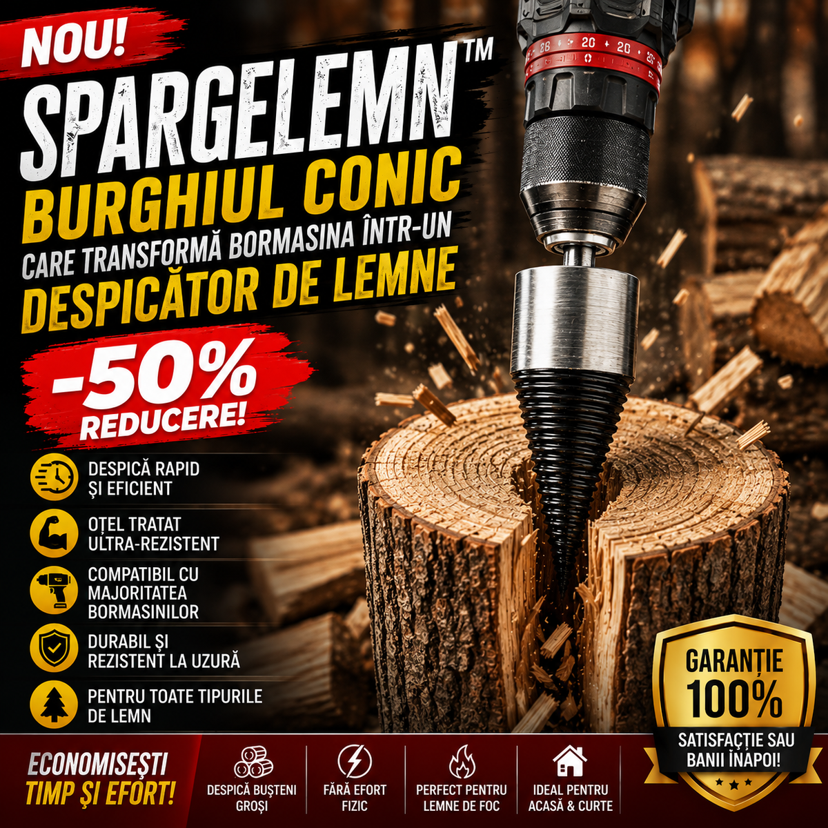 SpargeLemn™ – Burghiul Conic pentru Despicat Lemne