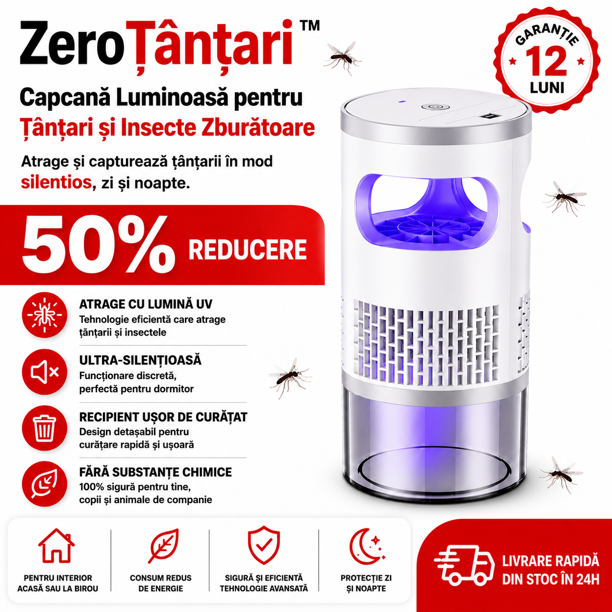 Capcană Luminoasă pentru Țânțari și Insecte Zburătoare- ZeroȚânțari™